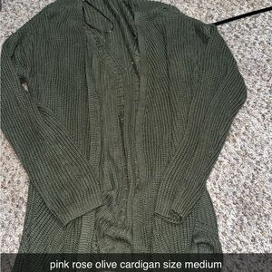 Pink Rose Olive Green Open-Front Knit Cardigan